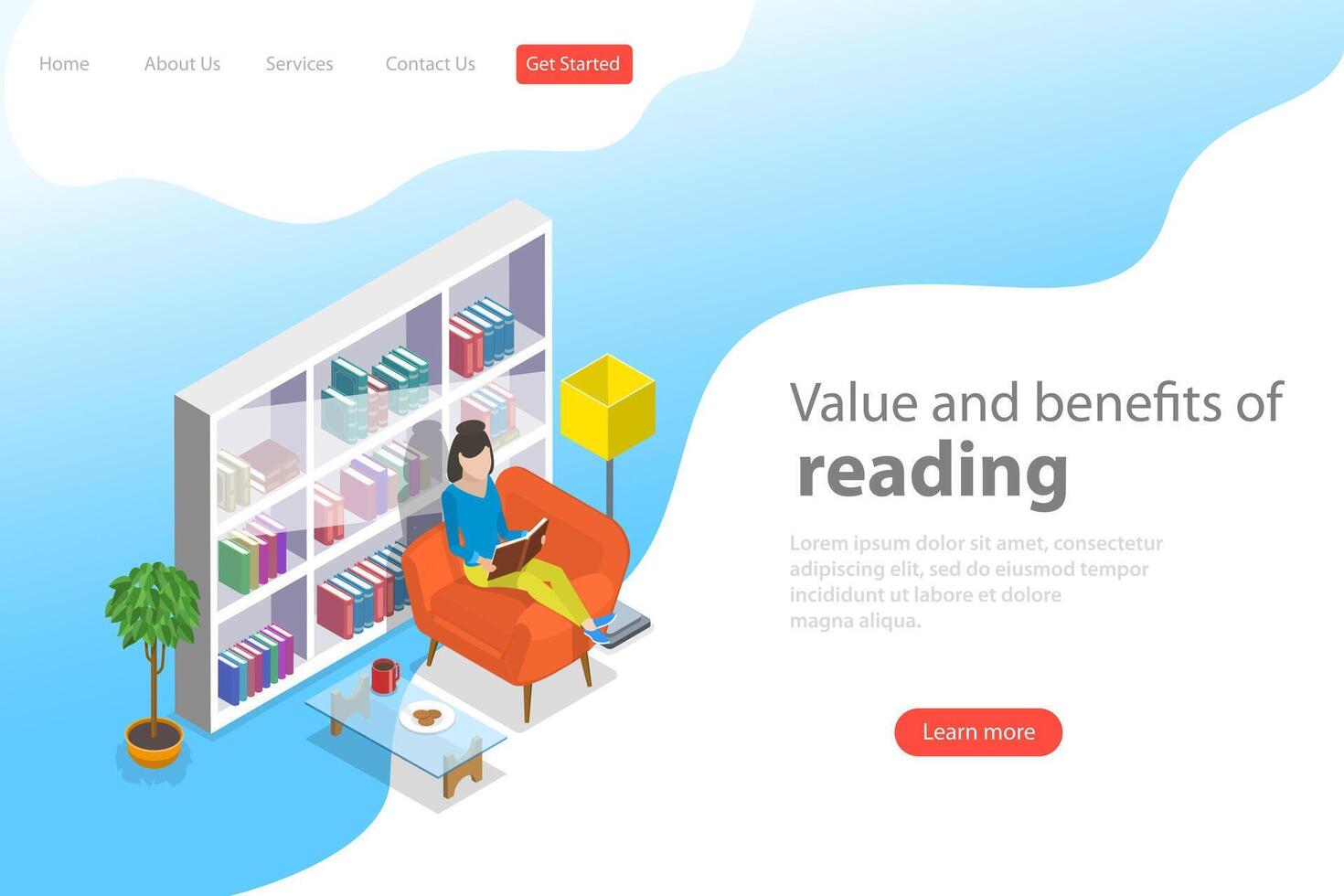 Isometric flat vector landing page template of reading, favorite book.