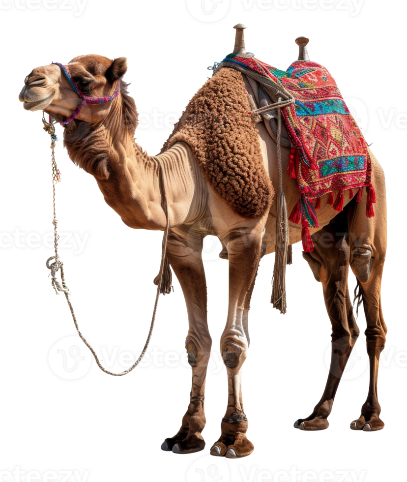 AI generated Decorated camel with traditional saddle on transparent background - stock png. png