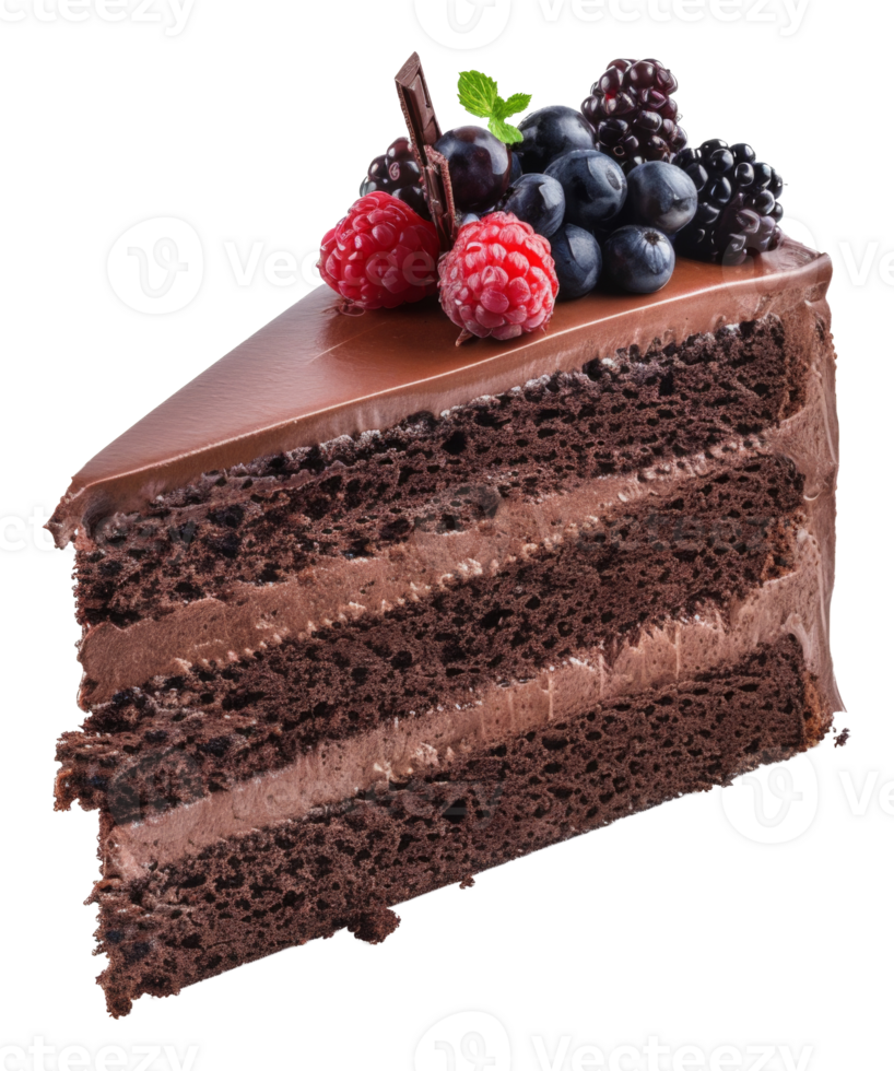 AI generated Chocolate cake slice topped with fresh berries and chocolate piece on transparent background - stock png. png