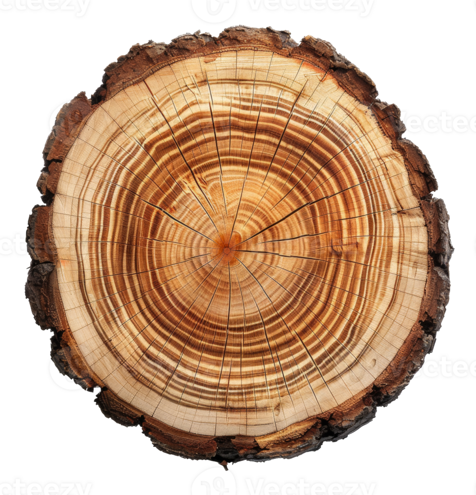 AI generated Cross-section of a tree trunk showing annual growth rings on transparent background - stock png. png