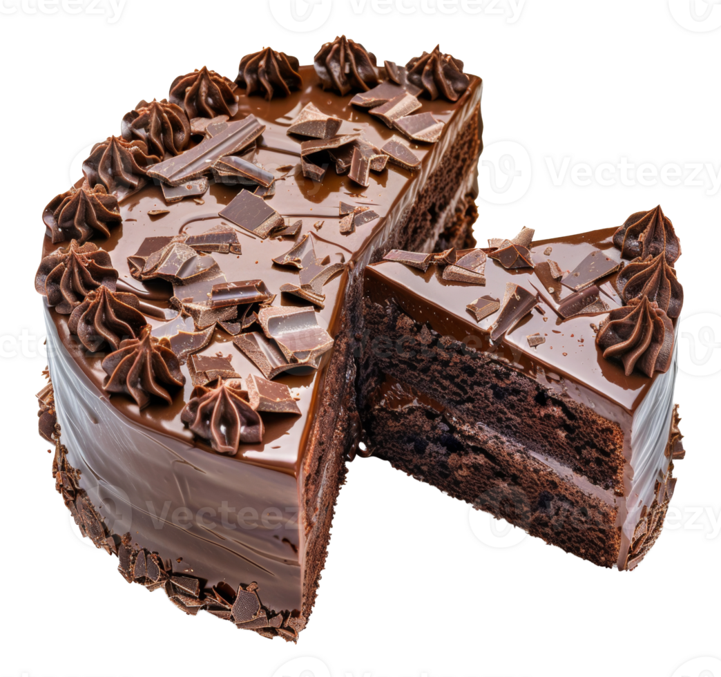 AI generated Whole chocolate cake with decorative frosting and chocolate pieces on transparent background - stock png. png