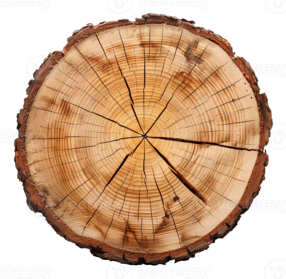 AI generated Cross-section of a tree trunk showing annual growth rings on transparent background - stock png. png