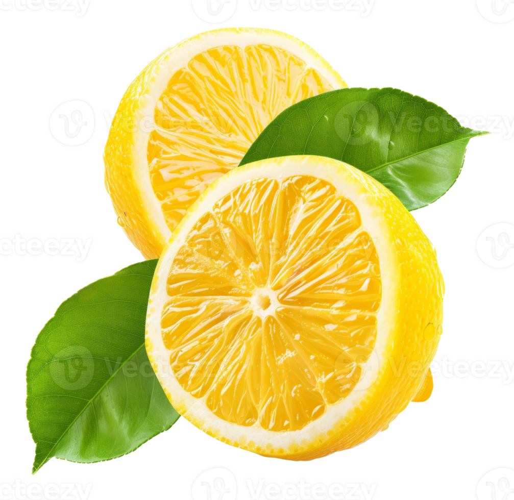 AI generated Fresh lemon slices with green leaves on transparent background - stock png. png