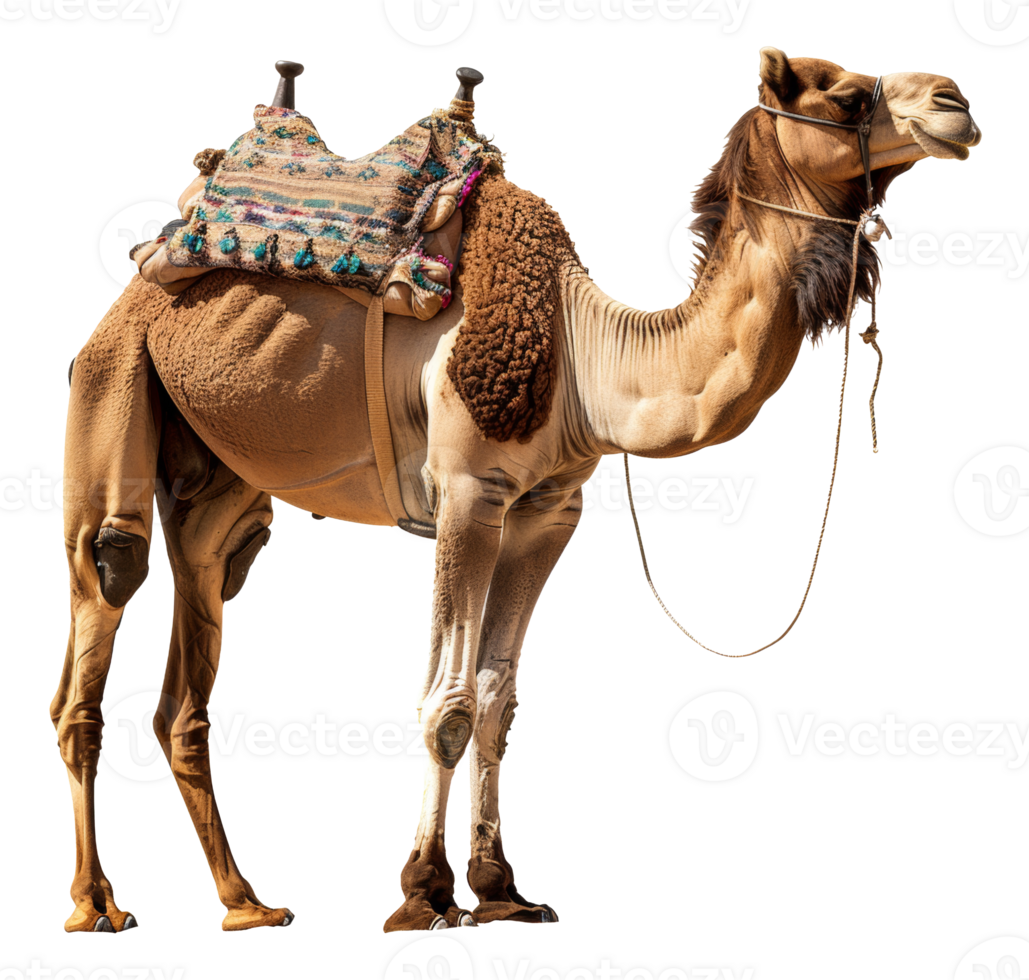 AI generated Decorated camel with traditional saddle on transparent background - stock png. png