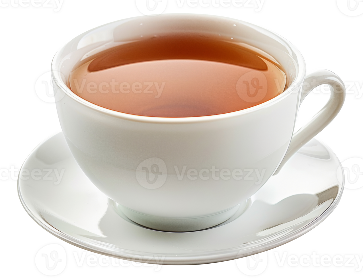 AI generated Tea in a white cup and saucer on transparent background - stock png. png