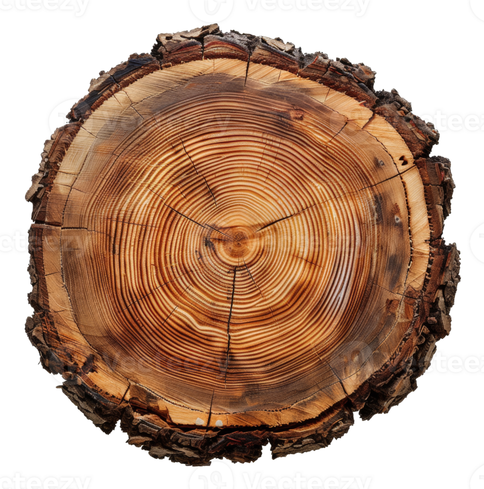 AI generated Cross-section of a tree trunk showing annual growth rings on transparent background - stock png. png