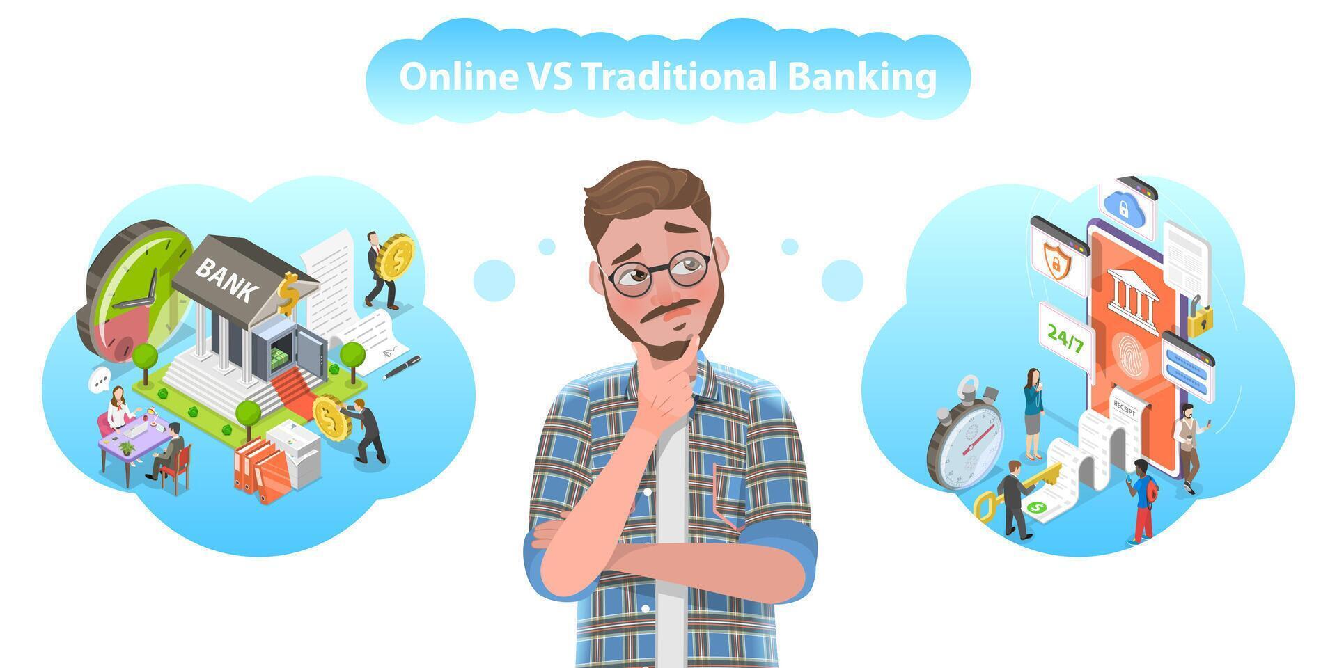 3D Vector Conceptual Illustration of Online vs Traditional Banking.