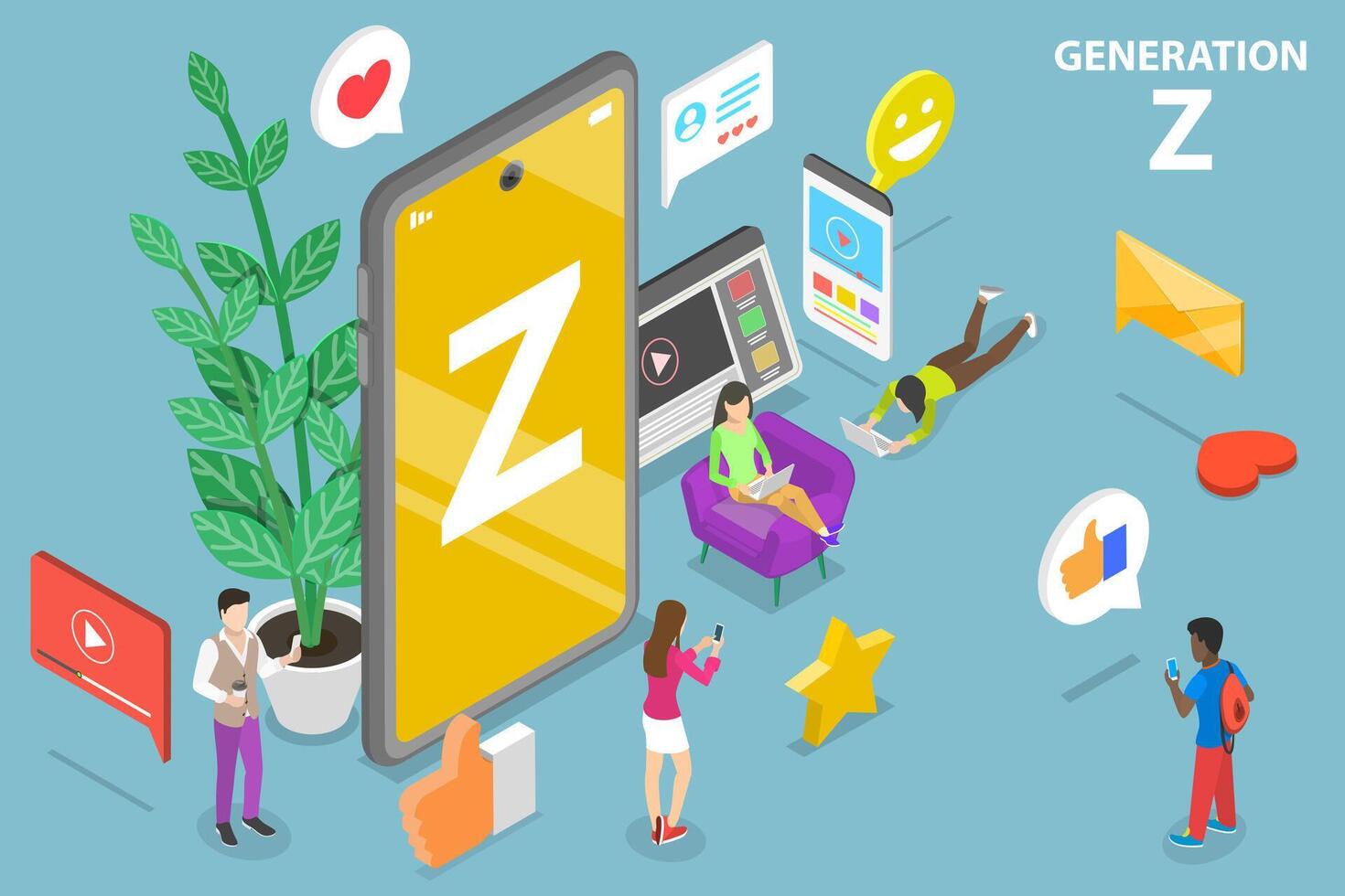 3D Isometric Flat Vector Conceptual Illustration of Generation Z.