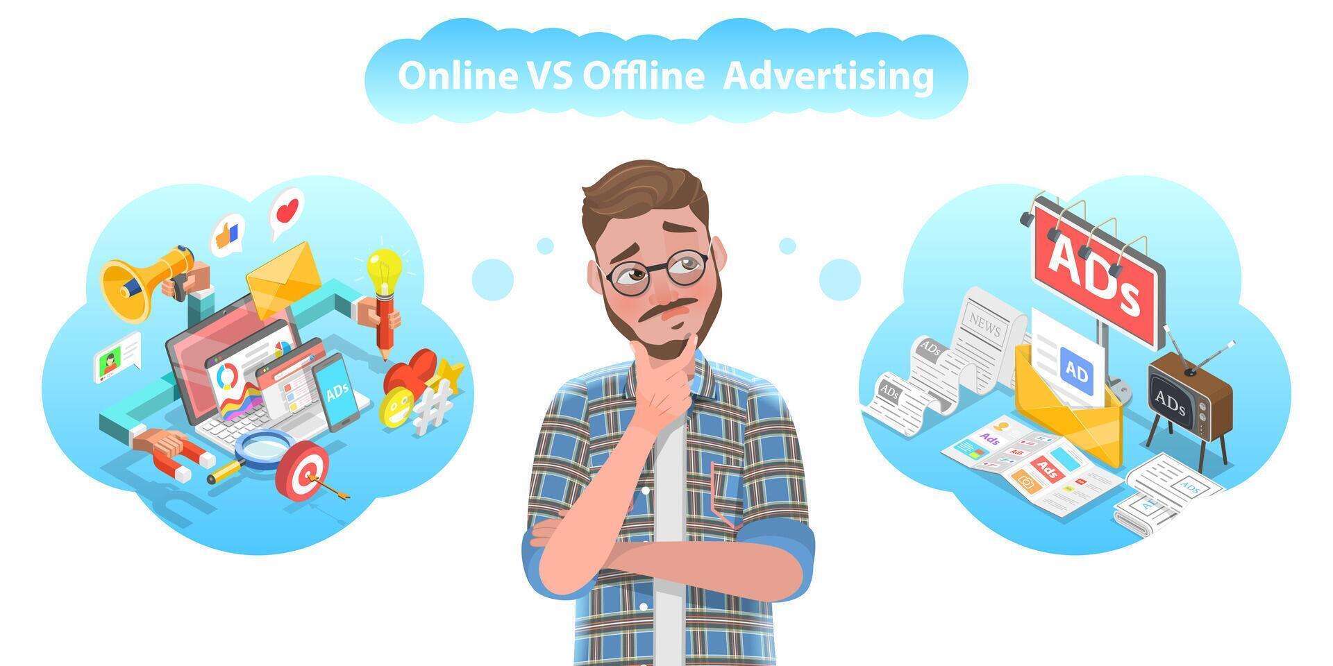 3D Vector Conceptual Illustration of Online vs Offline Advertising.