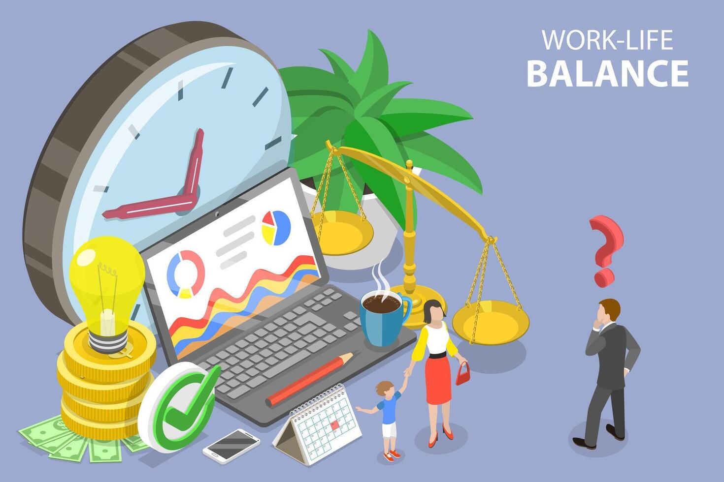 3D Isometric Flat Vector Conceptual Illustration of Work-Life Balance.