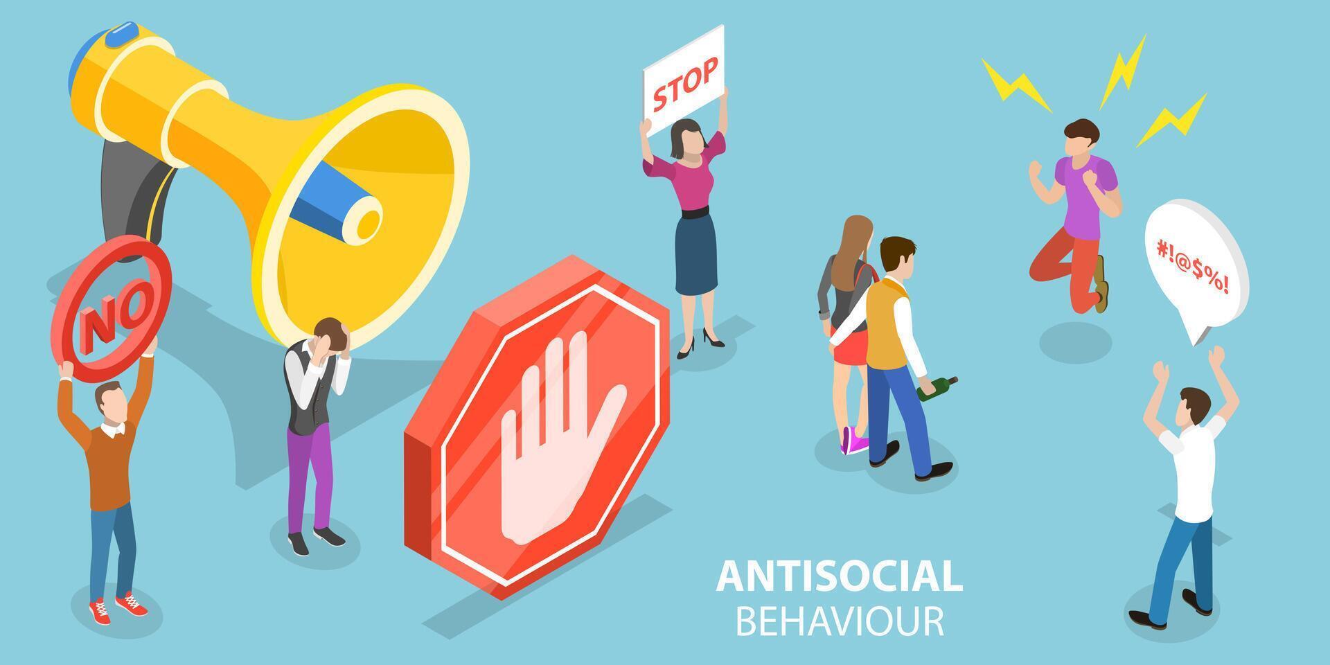 3D Isometric Flat Vector Conceptual Illustration of Antisocial Behaviour.