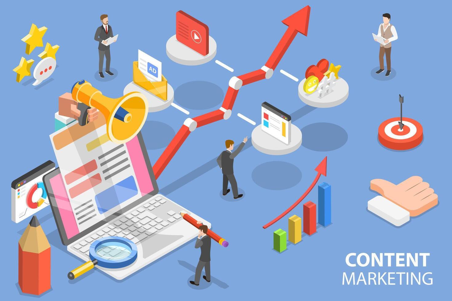 3D Isometric Flat Vector Conceptual Illustration of Content Based Marketing.