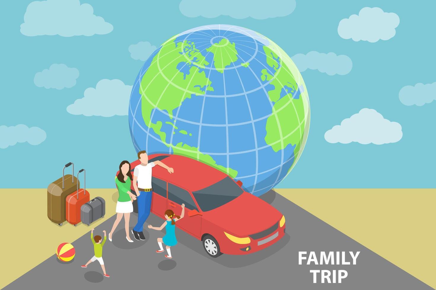 3d isométrica plano vector conceptual ilustración de coche familia viaje.