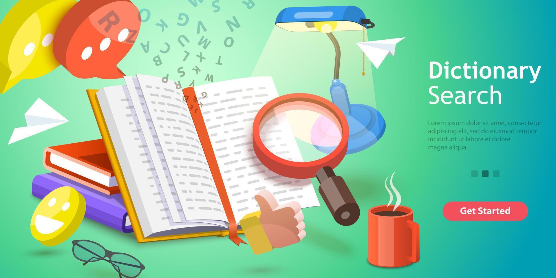3D Isometric Flat Vector Conceptual Illustration of Dictionary Search.