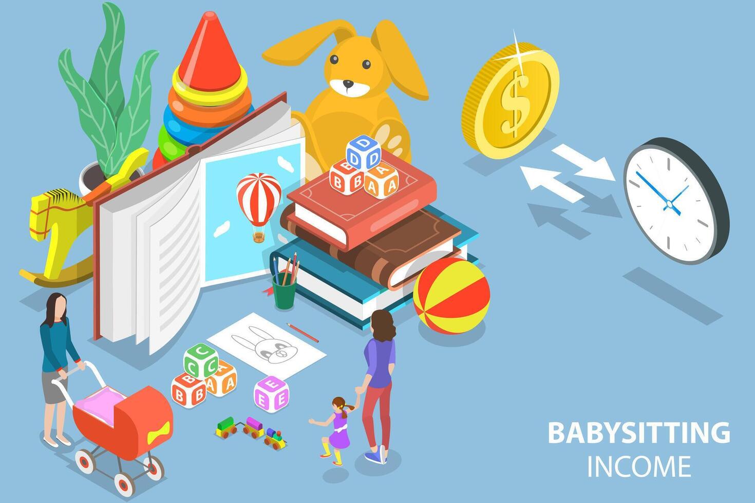 3D Isometric Flat Vector Conceptual Illustration of Babysitting Income.