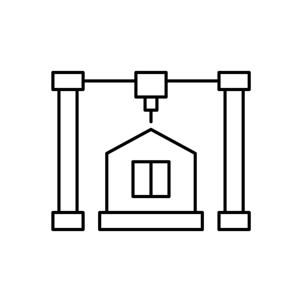 Printing modular house construction, line icon. Building home from prefabricated panels. Modern prefab fast technology in building and architecture. Editable stroke. Vector outline illustration