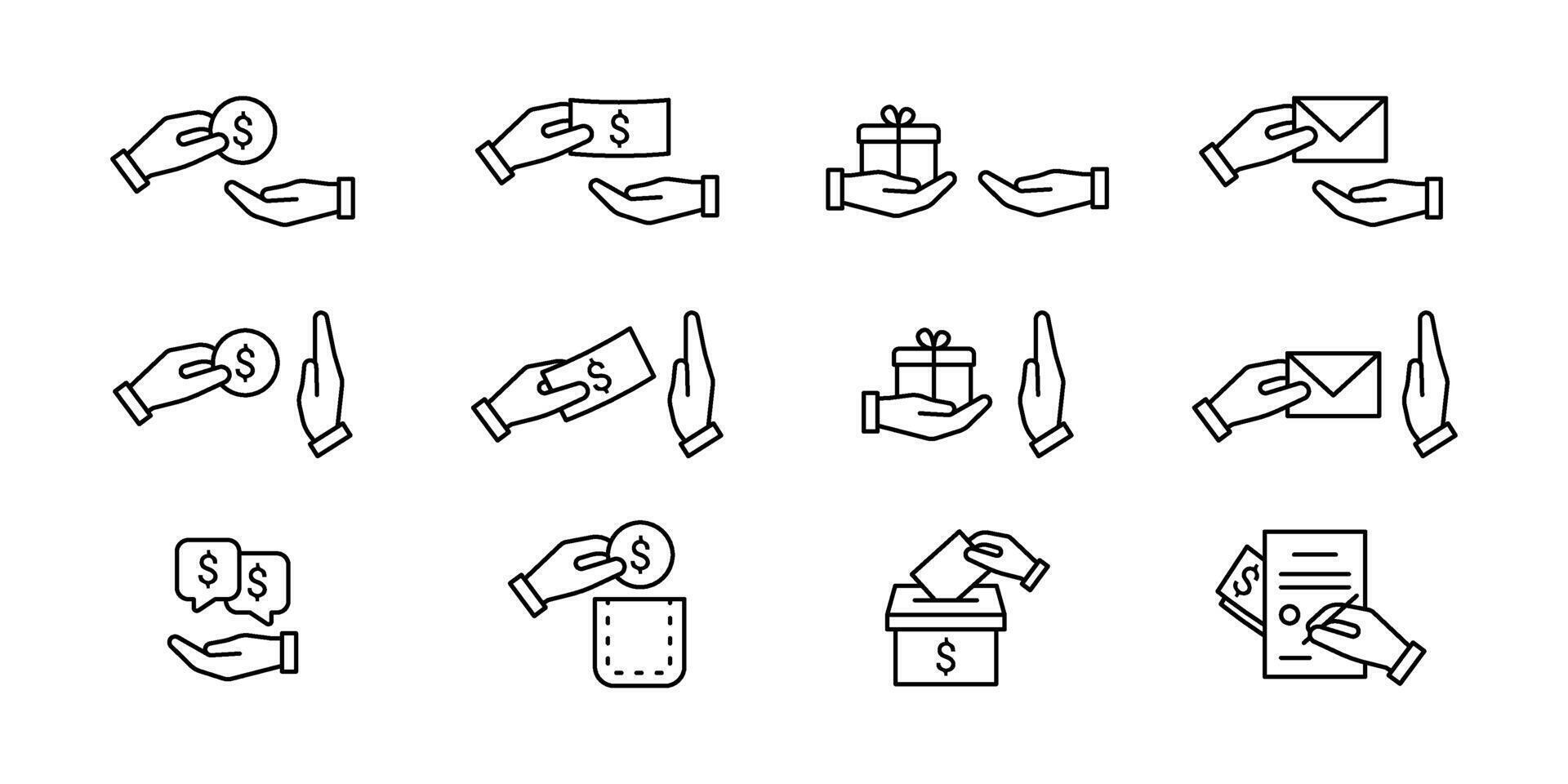 Hand give bribe money, gift, mail, line icon set. Hand holding thanks present. Fraud and bribery. Vector illustration