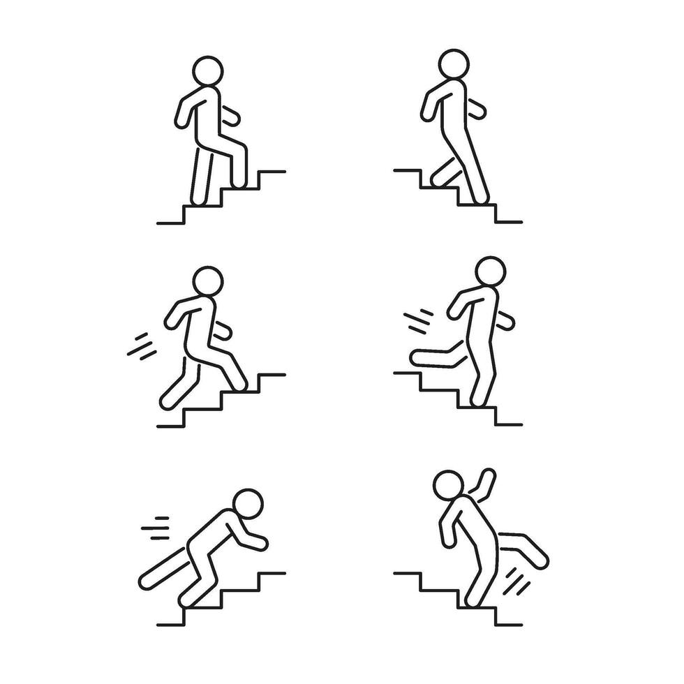 Stairs up and down person walk, run and fall, line icon set. Stairway, steps direction sign. Safe moving upstairs and downstairs, rise and descend. Editable stroke. Vector illustration