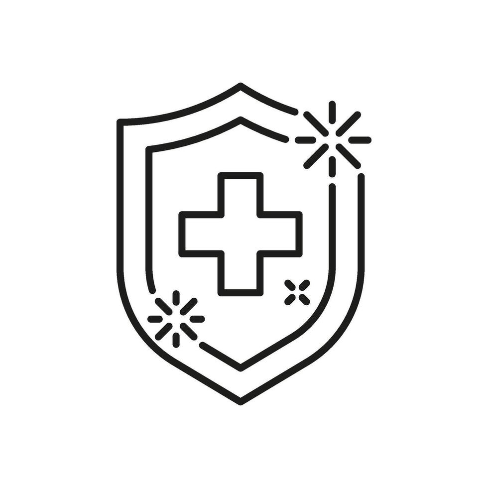 Shield with medical cross for protect health from virus and bacteria, line icon. Immune safe. Vector sign illustration