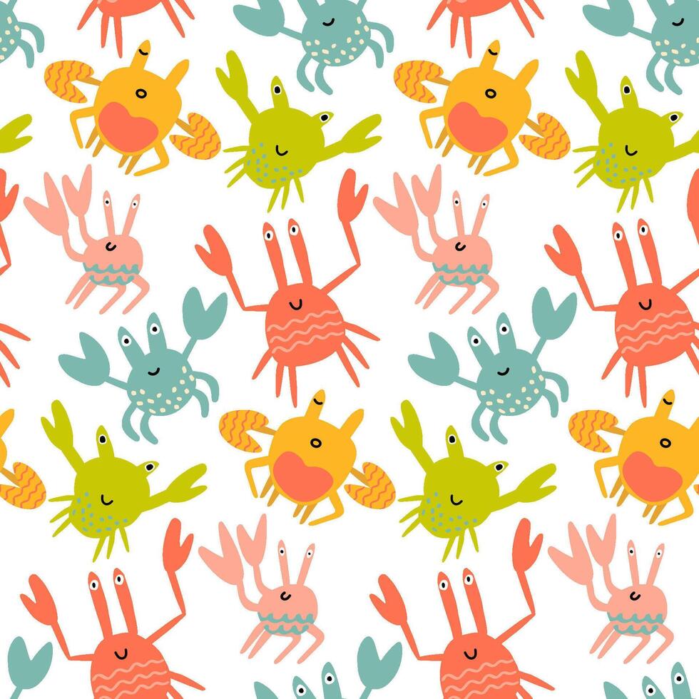 seamless background with different funny baby crabs. Marine pattern vector