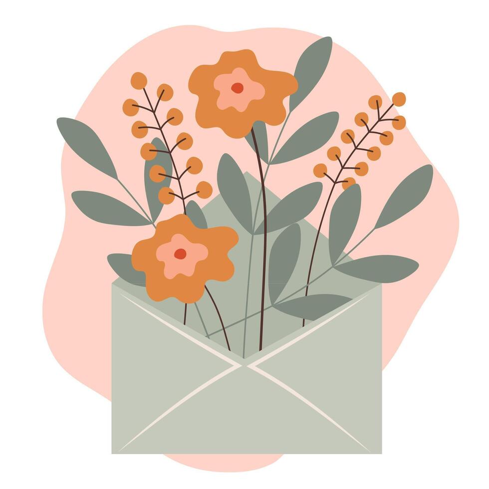 envelope with a bouquet of flowers. flat illustration. Valentines day card design. Cute postcard for mother. vector