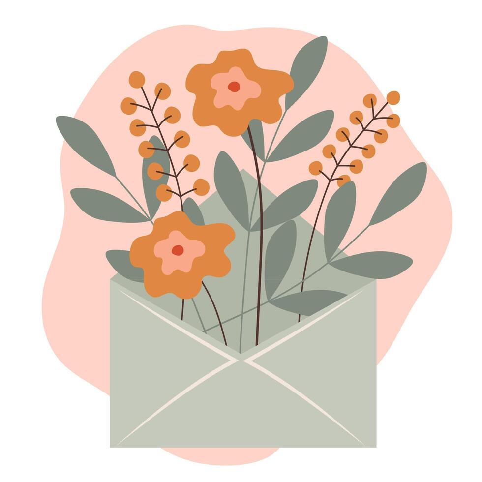 envelope with a bouquet of flowers. flat illustration. Valentines day card design. Cute postcard for mother. vector