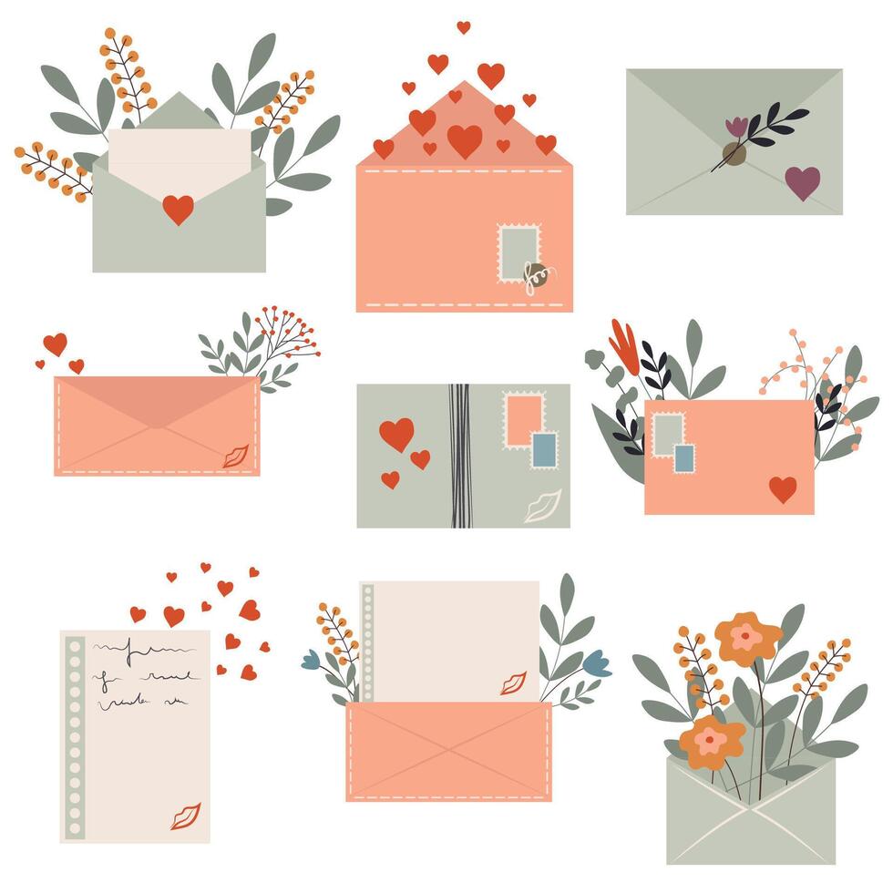 A set of envelopes for the holidays. Spring flowers and letters. Congratulation vector