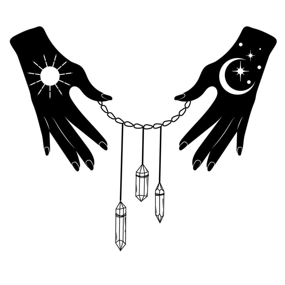 manos con Luna y sol, colgante con cristales resumen símbolo para productos cosméticos y embalaje, joyas, logo, tatuaje. lineal estilo. esotérico vector