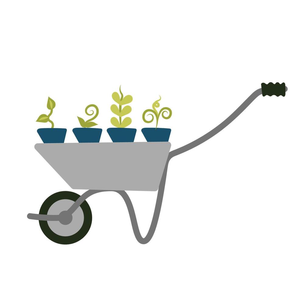 wheelbarrow with young plants in pots. Gardening, farming. vector