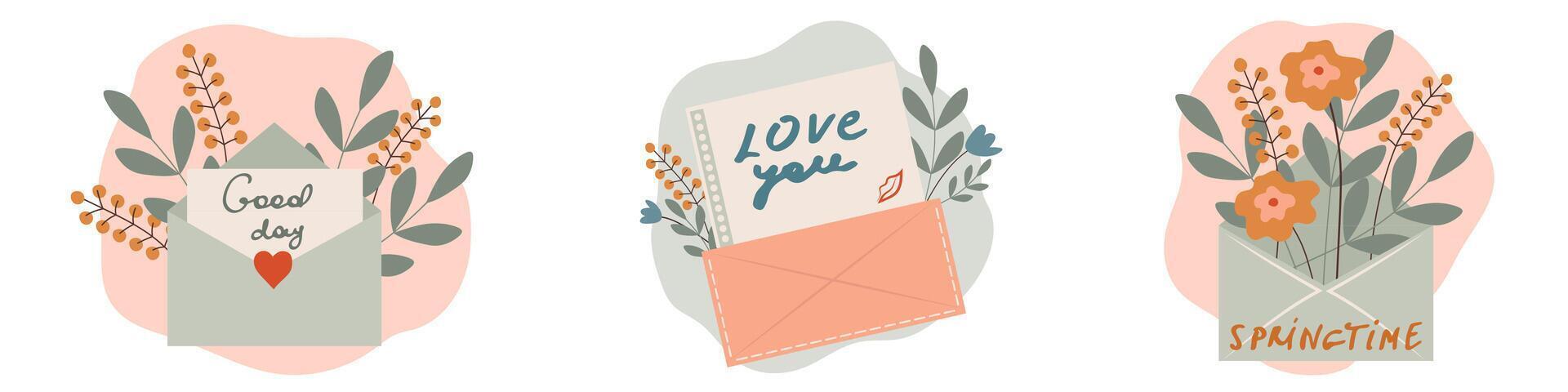 A set of cards for the holidays. Spring flowers and envelopes. Congratulation vector