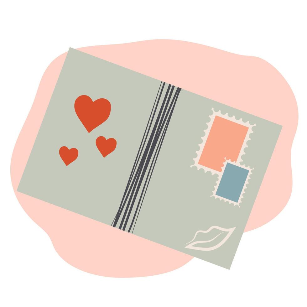 letra con corazones, gastos de envío sello y beso. plano ilustración. san valentin día tarjeta diseño. linda tarjeta postal vector