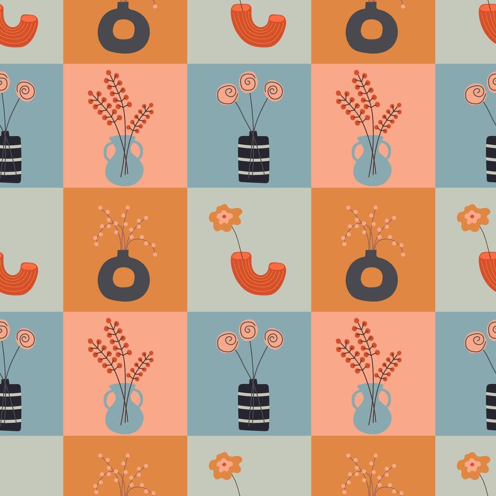 Seamless patchwork background with hand-drawn vases and flowers. Square pattern with different flowers vector