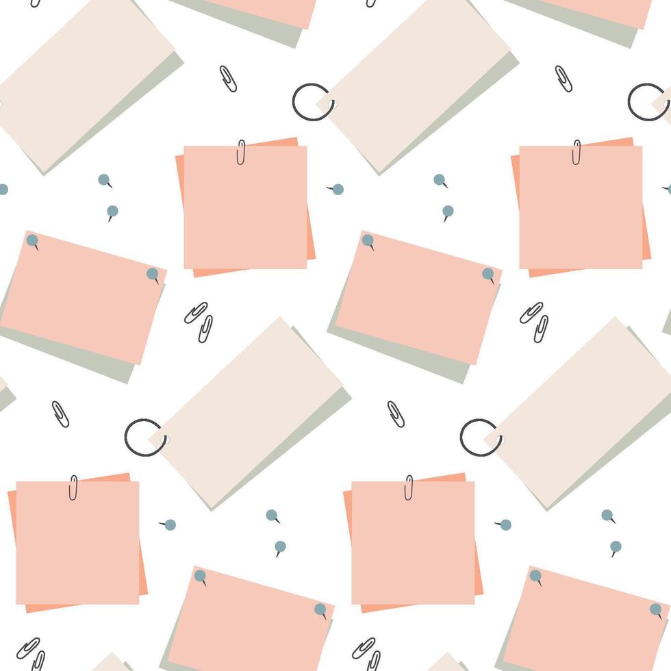 Seamless pattern with different paper pieces from notepad. Background with sticky tape, pins, clips vector