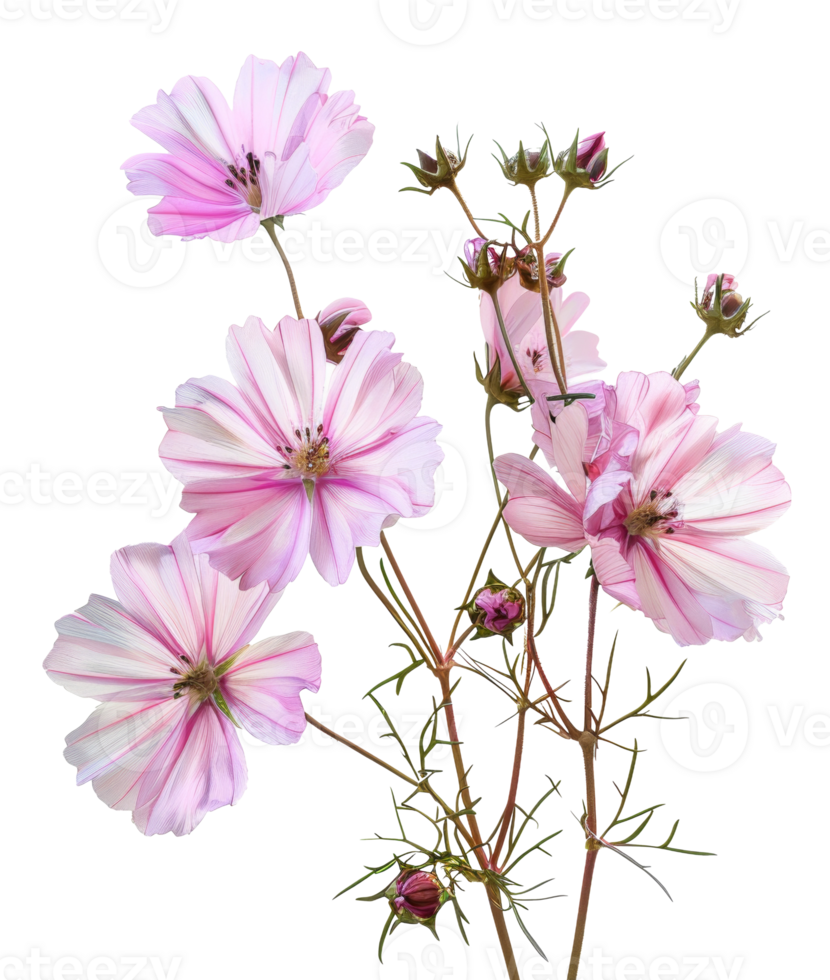 AI generated Pink cosmos flowers with delicate petals on transparent background - stock png. png