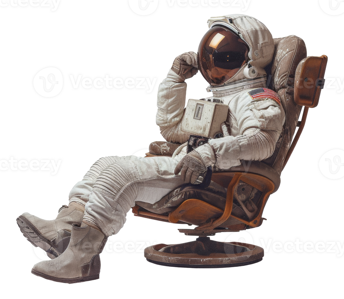 AI generated Astronaut lounging in wooden director's chair on transparent background - stock png. png