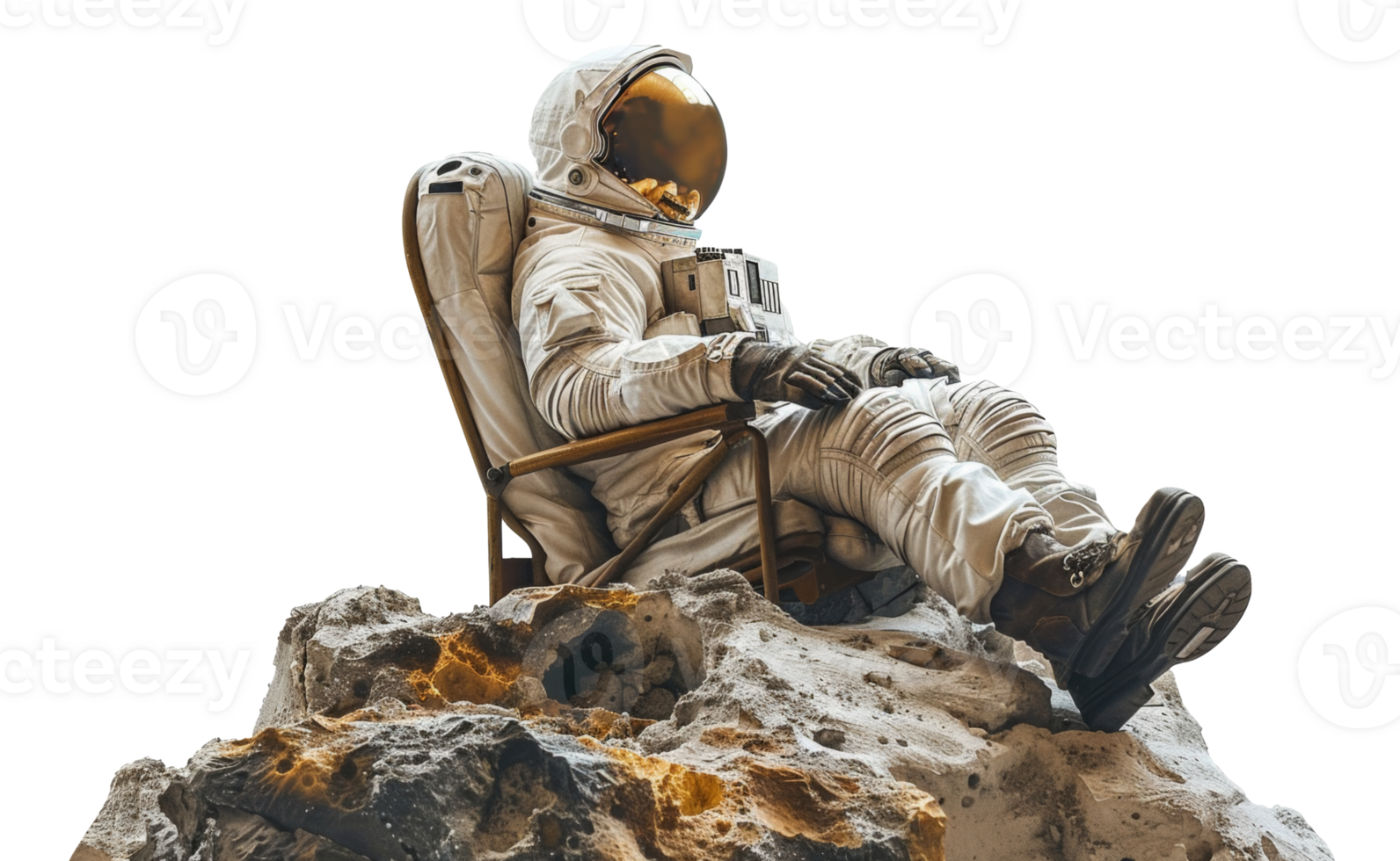 AI generated Space explorer in a spacesuit seated on a rocky surface on transparent background - stock png. png