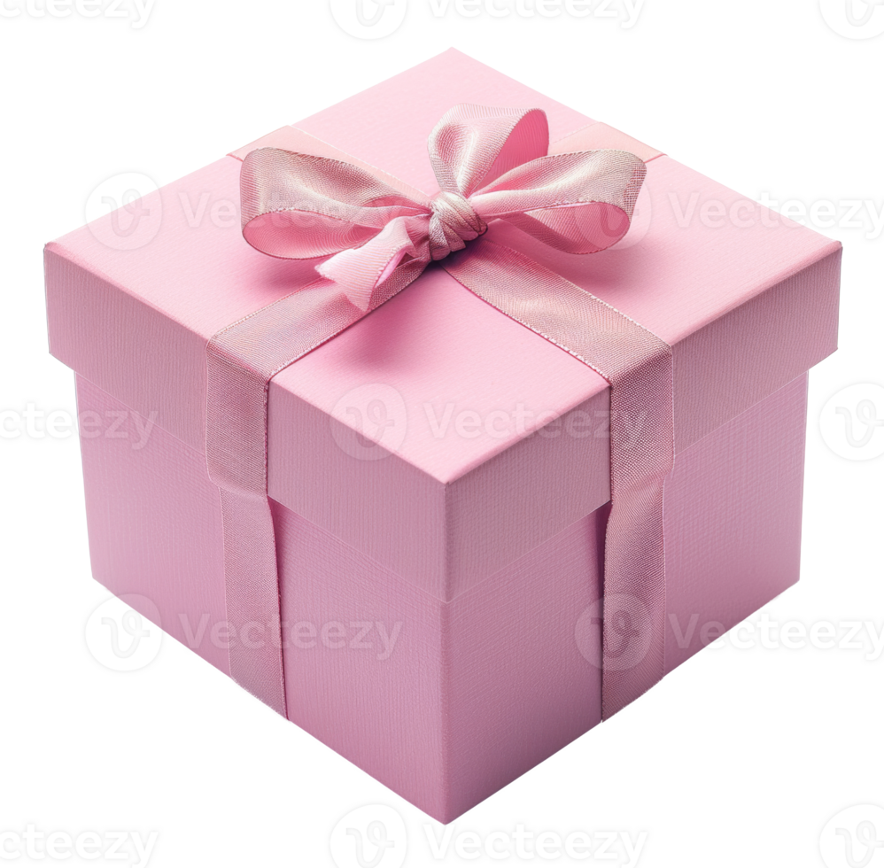 AI generated Pink gift box with satin ribbon bow on transparent background - stock png. png
