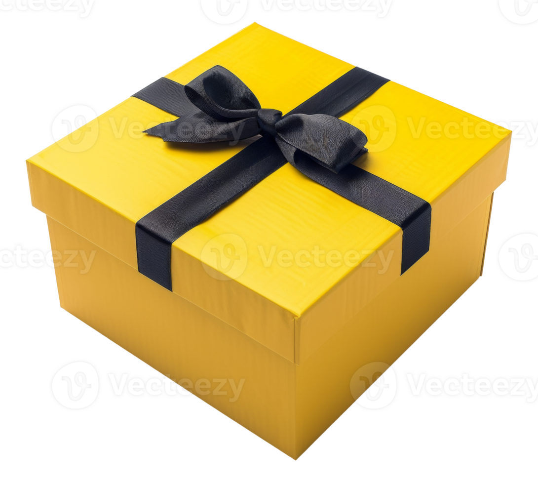 AI generated Yellow gift box with stylish black ribbon on transparent background - stock png. png