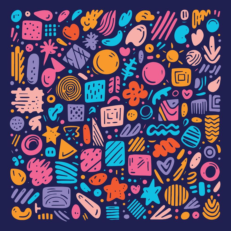 Colorful Hand-Drawn Pattern with Stars, Hearts, Clouds, and Circles on Dark Blue Background vector