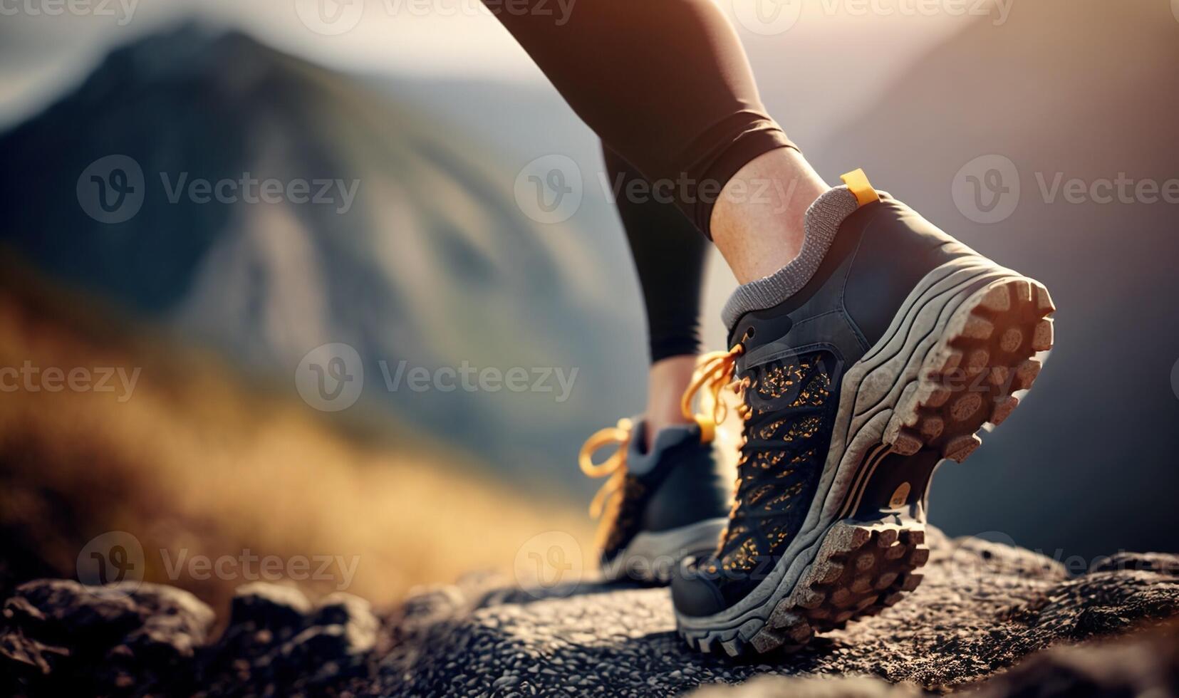 AI Generated Athletic pair of female legs in running shoes on trail. Young attractive woman walking or hiking in forest or park, preparing for sprint or marathon. photo