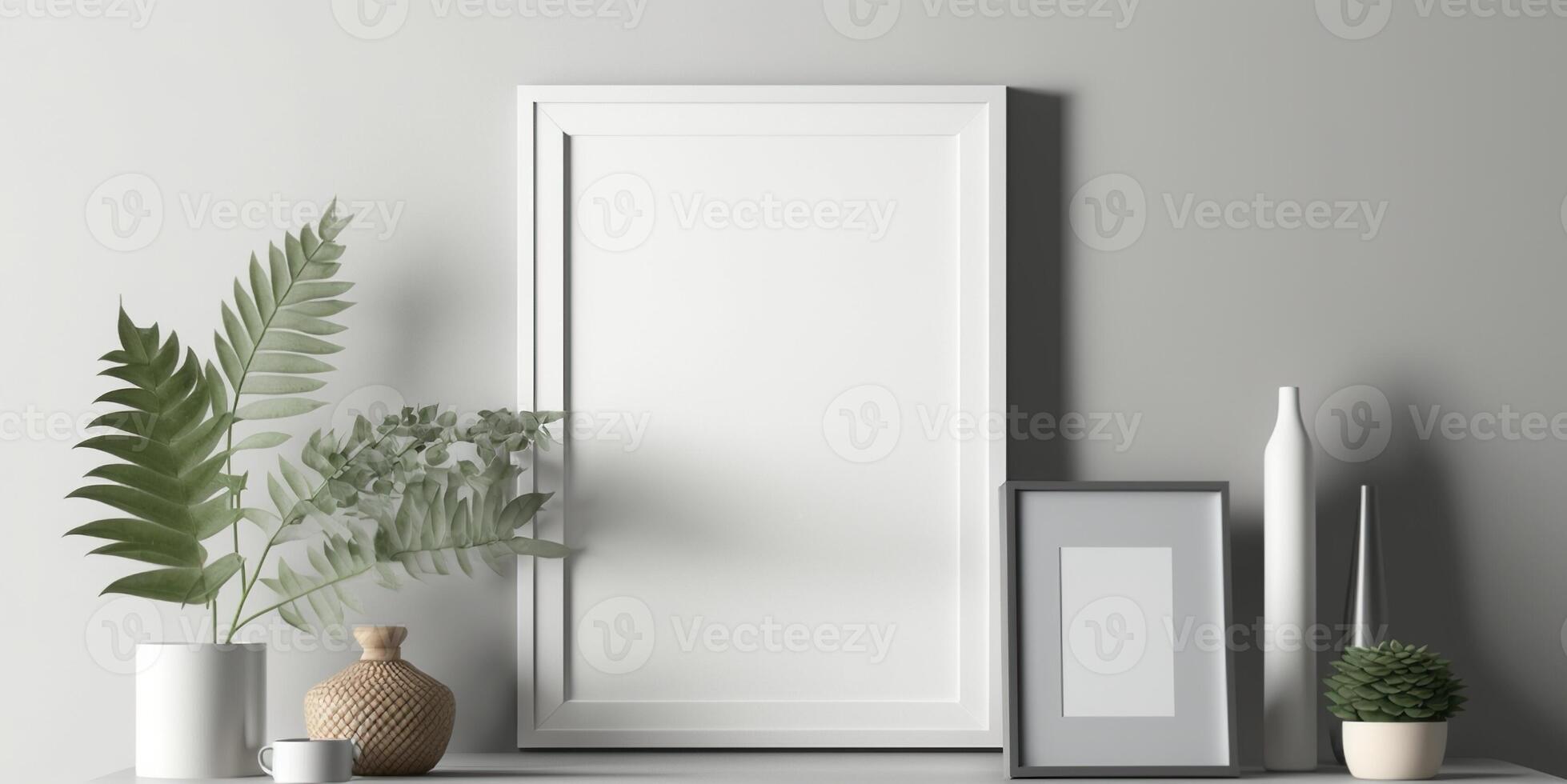 AI Generated Blank square frame mockup for artwork or print on white or gray wall with eucalyptus green plants in vase, copy space. photo