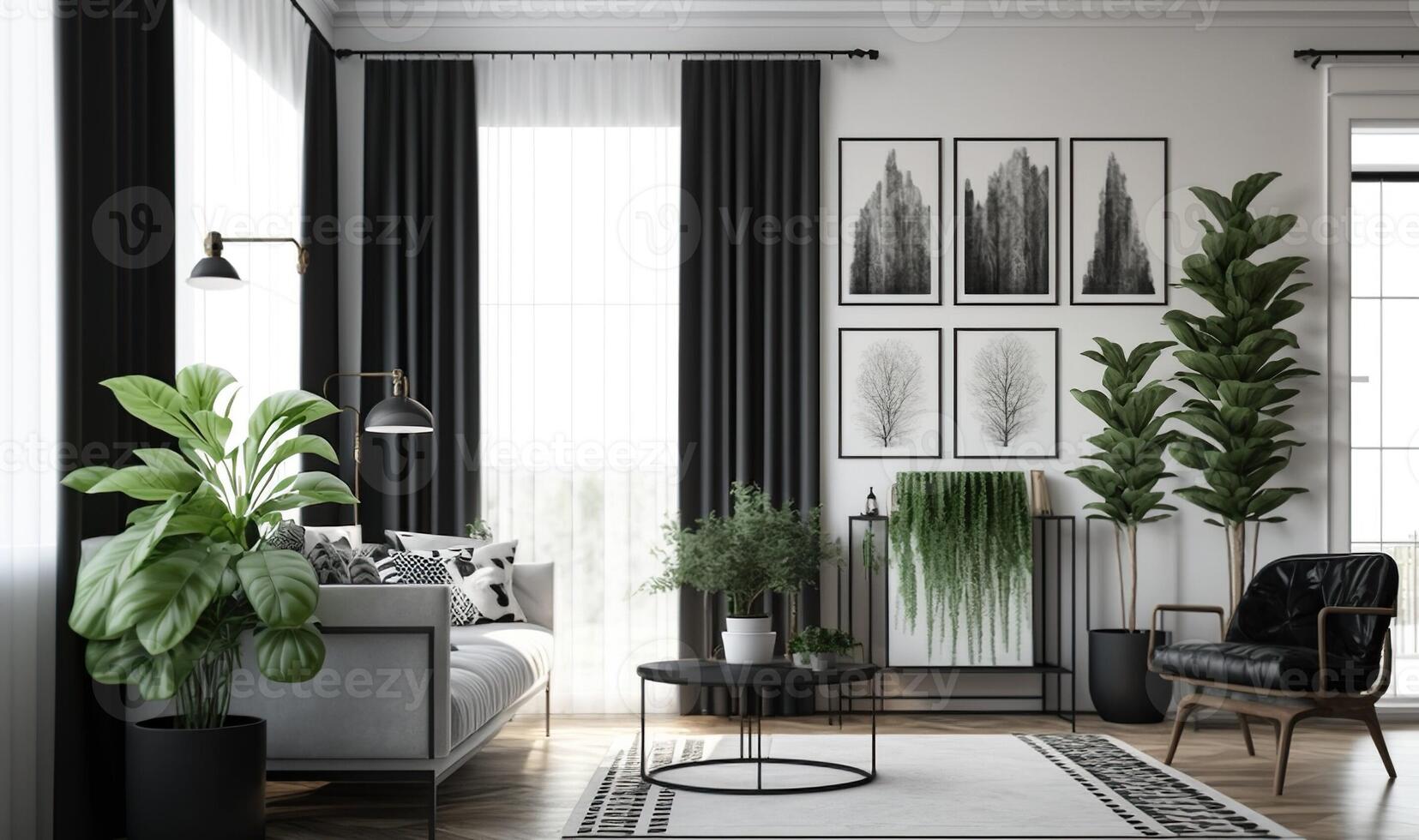 ai generado contemporáneo habitación con negro marcos, cortinas, y en conserva verde plantas, sala de estar. generativo ai foto