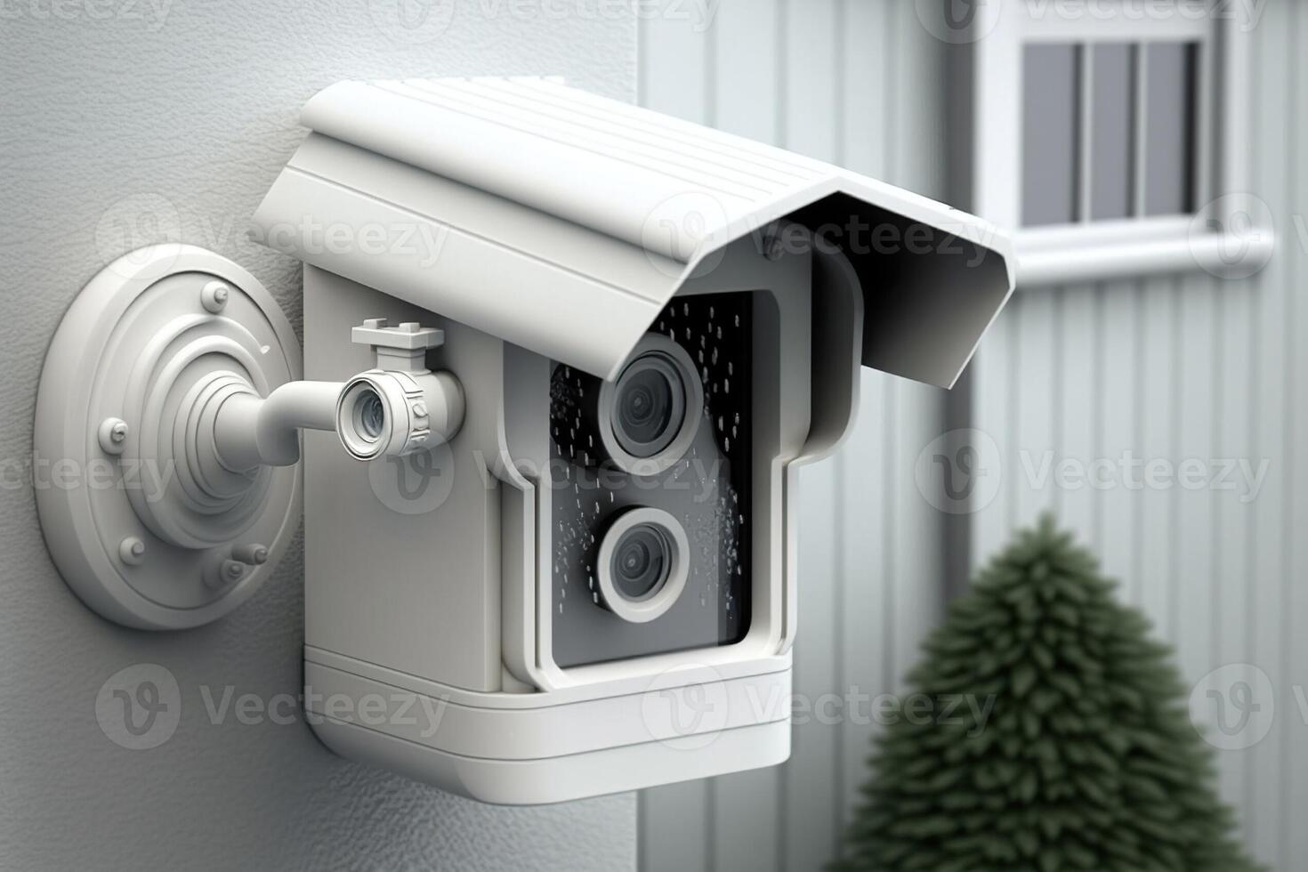 AI Generated CCTV surveillance security camera equipment in a tower home and house building mounted on a wall for outside safety system photo