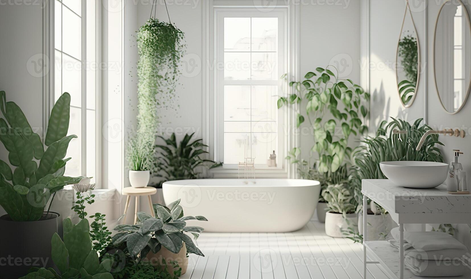 AI Generated Soft native organic shapes look of bathroom with big window oval bathtub with lights and Green palm plants in selfcare wellness luxury living photo