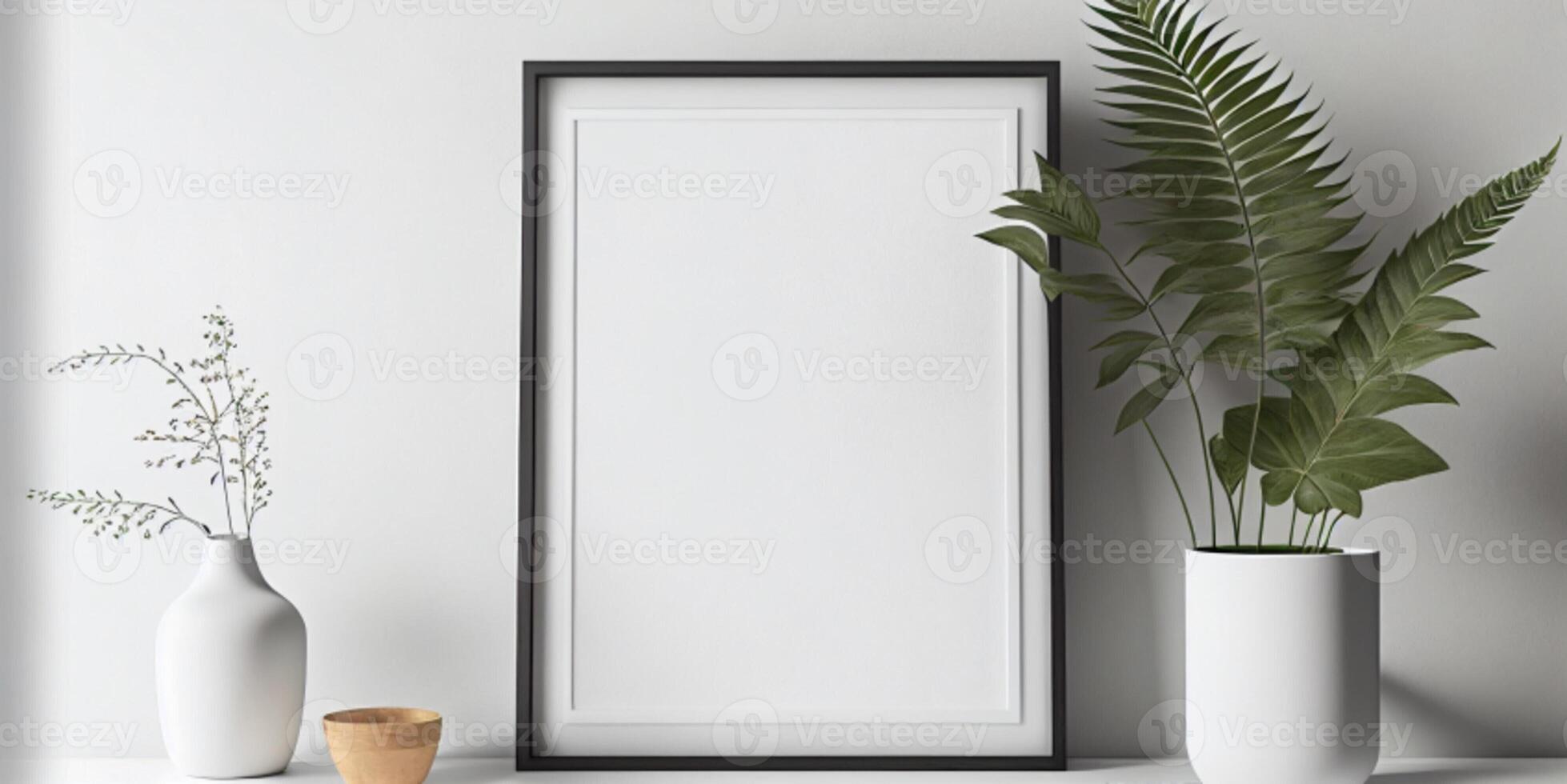 AI Generated Blank square frame mockup for artwork or print on white wall with eucalyptus plant in vase, copy space. photo