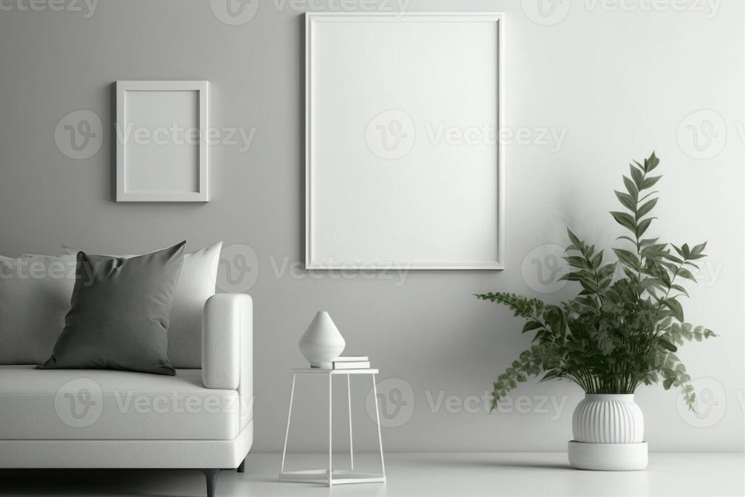 AI Generated Blank square frame mockup for artwork or print on white or gray wall with eucalyptus green plant in vase and sofa scandinavian style, copy space. photo