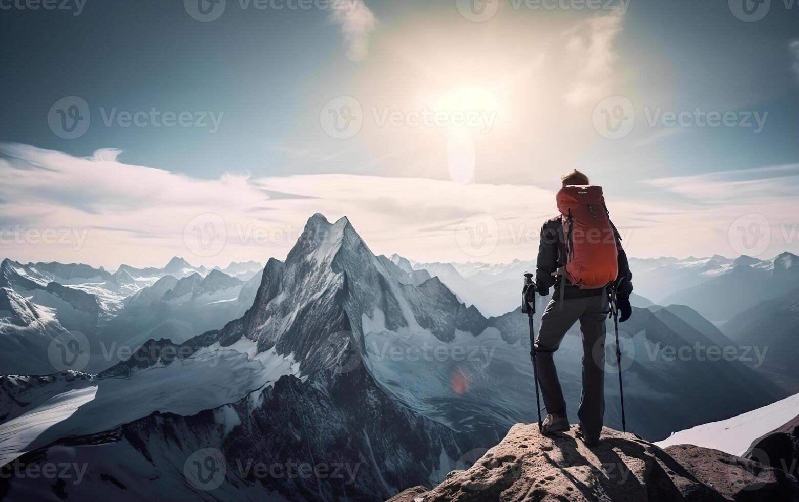 AI Generated Dressed orange jacket male backpacker enjoying the view and have mountain walk. Tourist with a backpack and mountain panorama. Adventure concept. photo