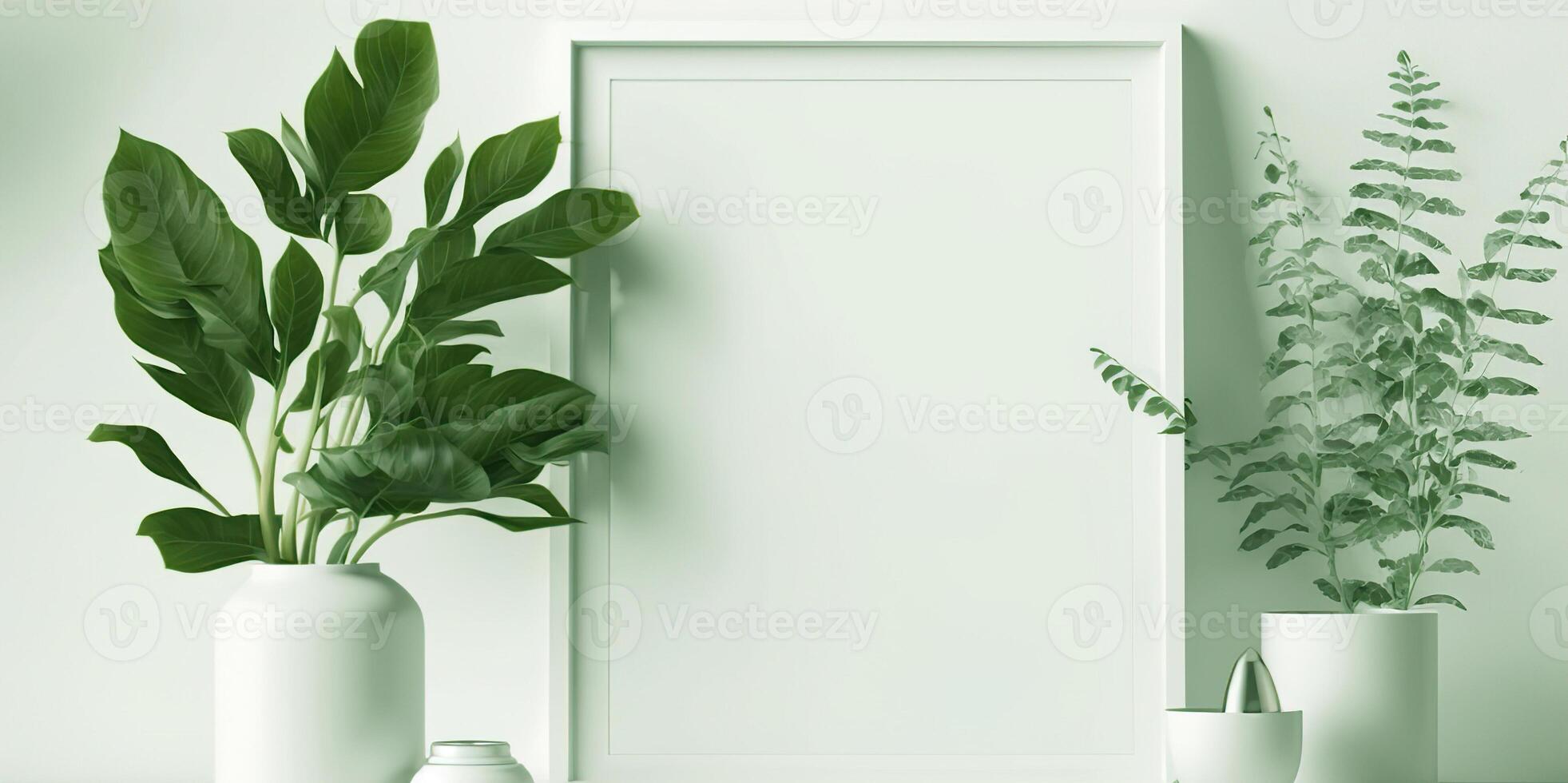ai generado burlarse de arriba blanco marco y verde planta en escritorio, blanco colores. foto