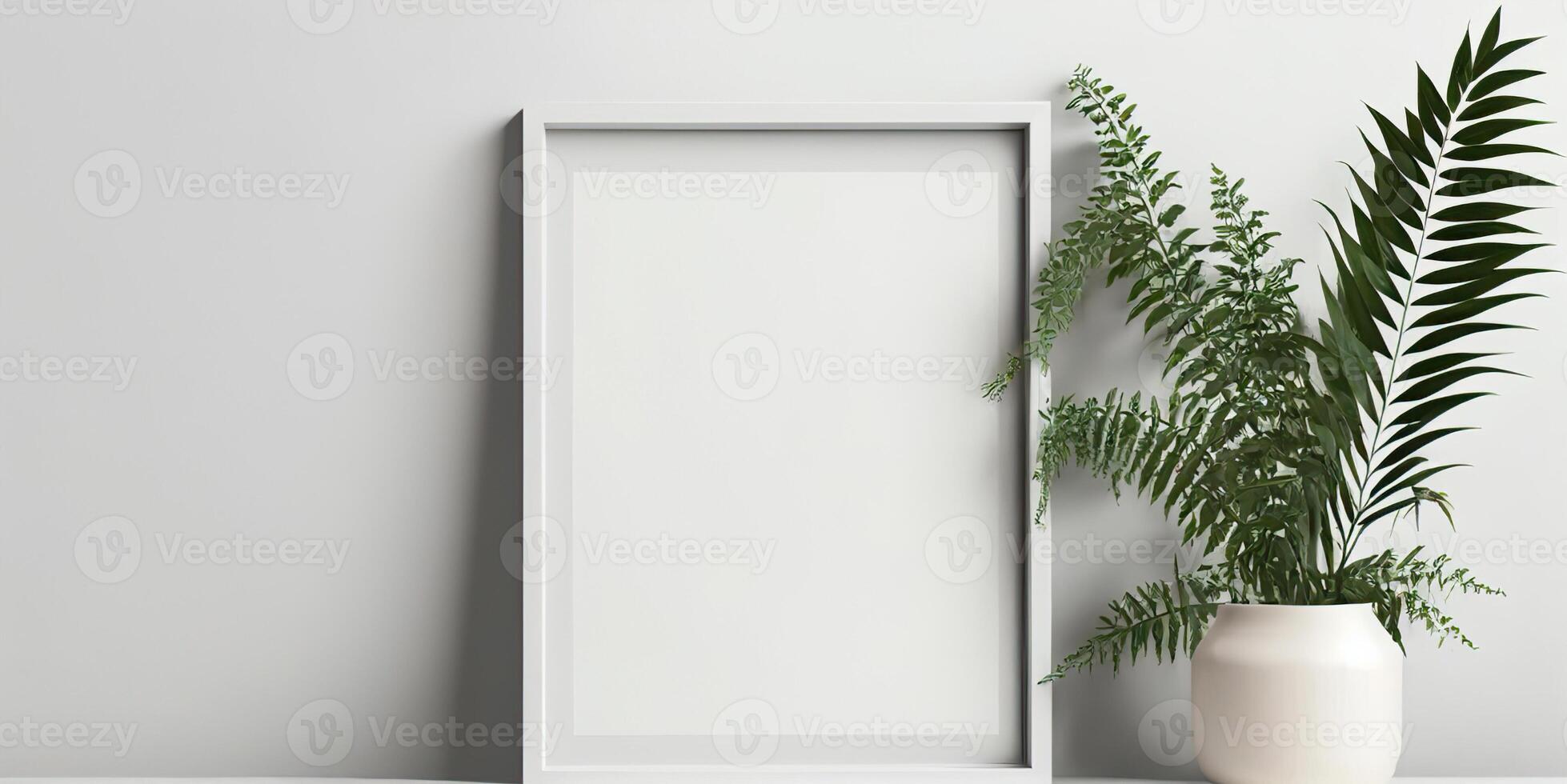 AI Generated Mock up white frame and green plant on desk, White colors. photo