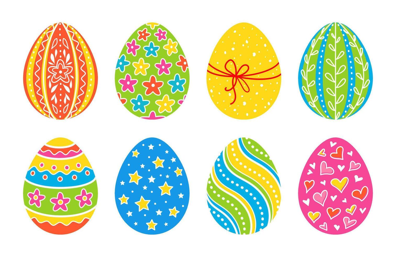 Cute hand drawn Easter eggs set with different patterns. Collection of colorfull eggs isolated on white background. vector